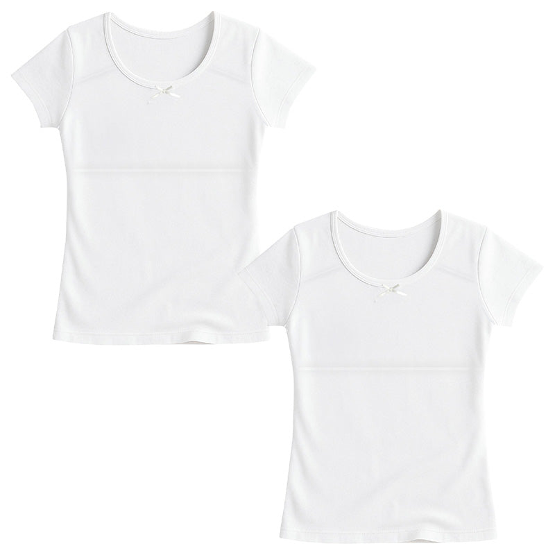 綿100％ パット付 半袖インナー 2枚組 女の子 ジュニア インナー 140 150 160 165cm 女児 パッド付 綿素材 ソフトパッド付き Tシャツ型 肌着 二重構造 スクールインナー 下着 キッズ ジュニア 小学生 中学生 成長期 通学 体育 授業 着替え 学校 白 ホワイト 綿 セット