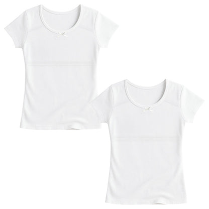 綿100％ パット付 半袖インナー 2枚組 女の子 ジュニア インナー 140 150 160 165cm 女児 パッド付 綿素材 ソフトパッド付き Tシャツ型 肌着 二重構造 スクールインナー 下着 キッズ ジュニア 小学生 中学生 成長期 通学 体育 授業 着替え 学校 白 ホワイト 綿 セット