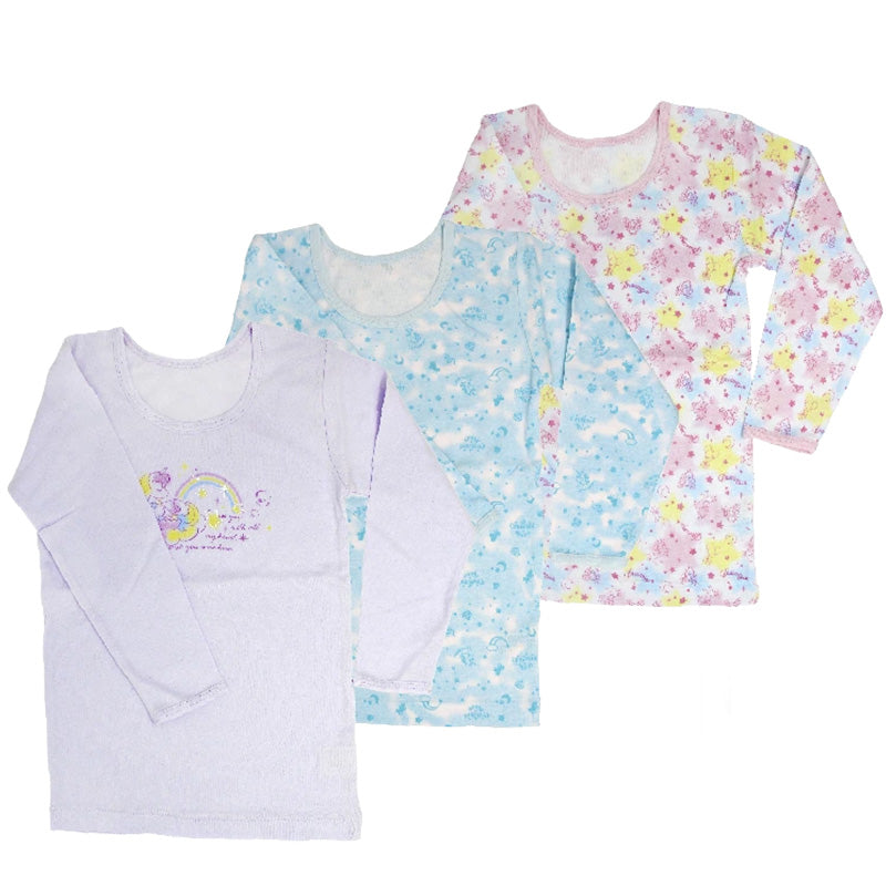 綿100％ 8分袖インナー 長袖 3枚組 女の子 キッズ ジュニア インナー 100 110 120 130 140 150 160cm 柄 ピンク パープル ブルー かわいい シャツ 子供 下着 綿素材 通園 通学 肌着 幼稚園 保育園 園児 小学生 女児 下着 コットン 綿インナー
