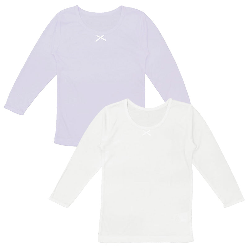女の子 インナー 8分袖 2枚組 女児 子供用 肌着 120 130 140 150 160cm あったか 温度調節 吸熱 放熱 通園 通学 吸湿 速乾 うす手 薄手 軽い 無地 シンプル ホワイト パープル 子供服 下着