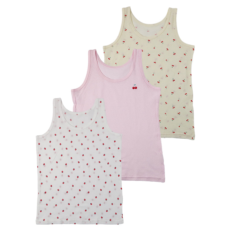 女の子 キッズ タンクトップ 綿100% メッシュ 下着 3枚組 夏 汗対策 90 100 110 120 130 cm かわいい いちご柄 さくらんぼ柄 肌着 女児 綿 コットン インナー 女子 3枚セット 総柄 ピンク イエロー ホワイト
