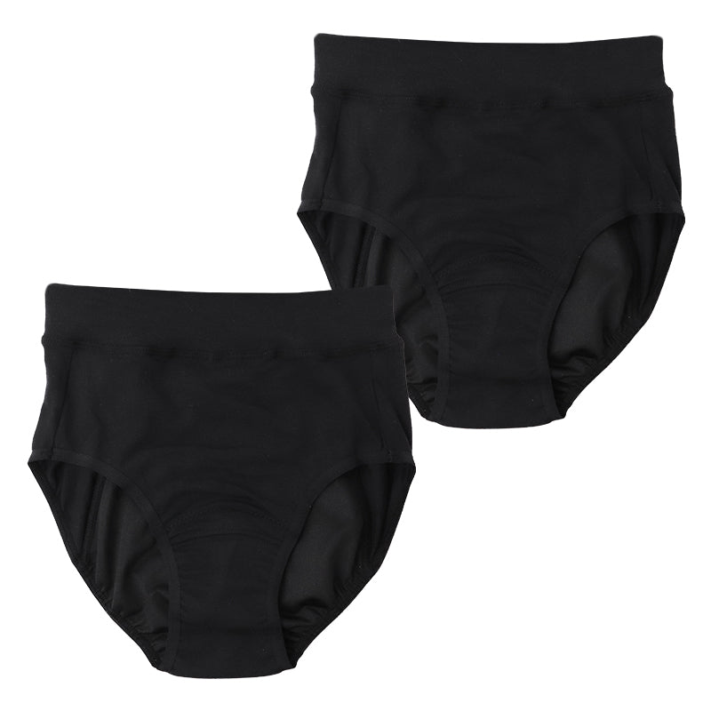ジュニア サニタリーショーツ 夜用 女の子 生理用ショーツ 2枚組 ガールズ 多い日 防水布 前後ロングシート 漏れ対策 140 150 160 165 cm 綿混 幅広ウエスト 通学 小学生 中学生 高校生 黒 ブラック 女児 パンツ 生理 ショーツ お名前タグ付き