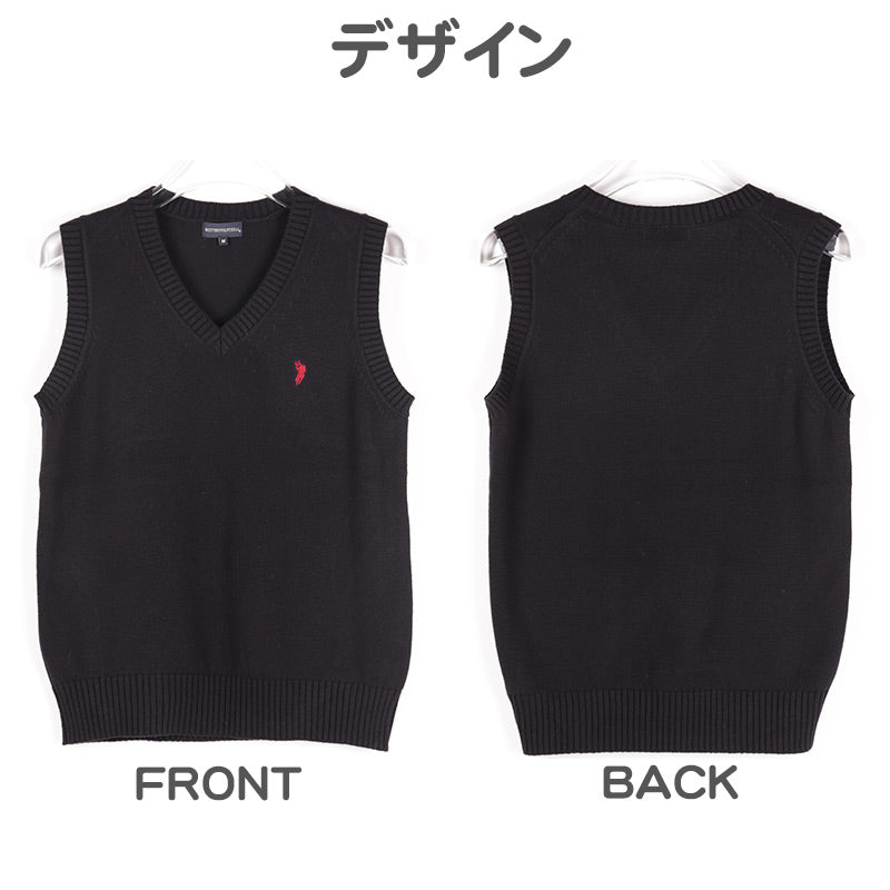 スクールベスト 女子 男子 学生 綿100％ スクール ニット 制服 ベスト vネック M L 紺 黒 ワンポイント 刺繍 通学 学校 ノースリーブ セーター