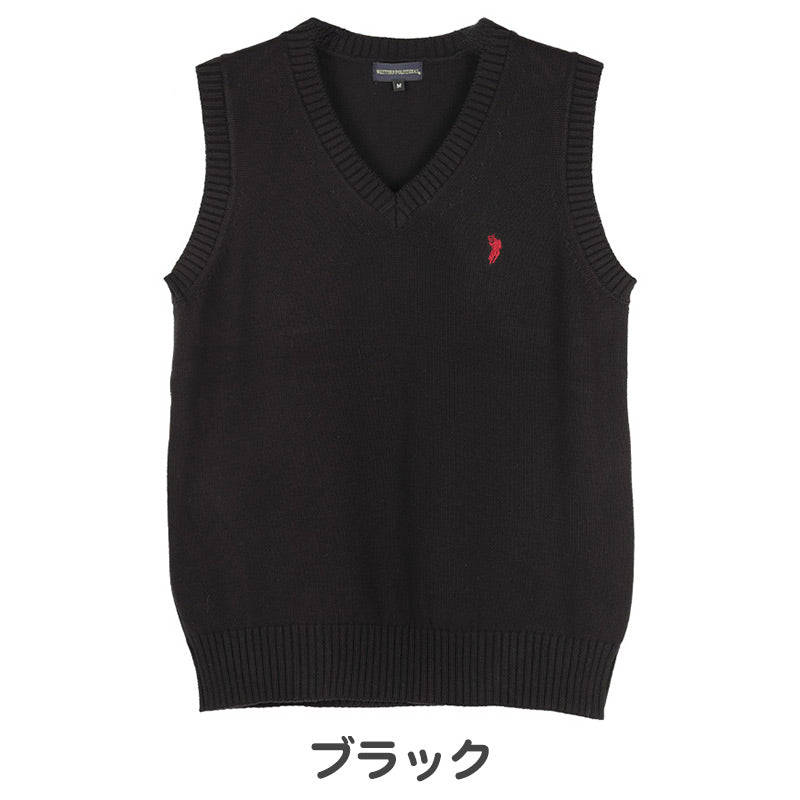 スクールベスト 女子 男子 学生 綿100％ スクール ニット 制服 ベスト vネック M L 紺 黒 ワンポイント 刺繍 通学 学校 ノースリーブ セーター