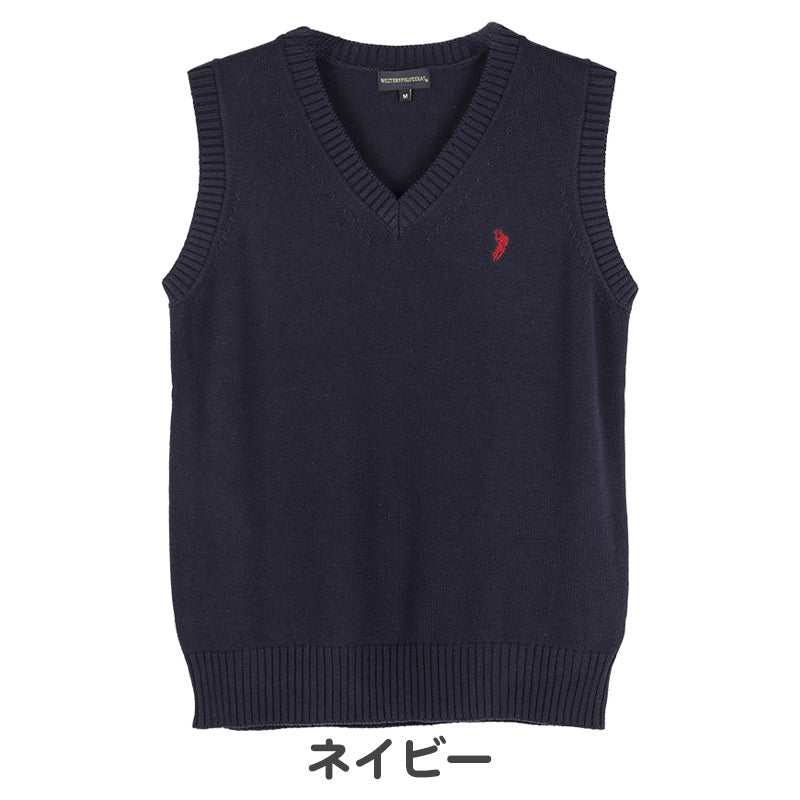 スクールベスト 女子 男子 学生 綿100％ スクール ニット 制服 ベスト vネック M L 紺 黒 ワンポイント 刺繍 通学 学校 ノースリーブ セーター
