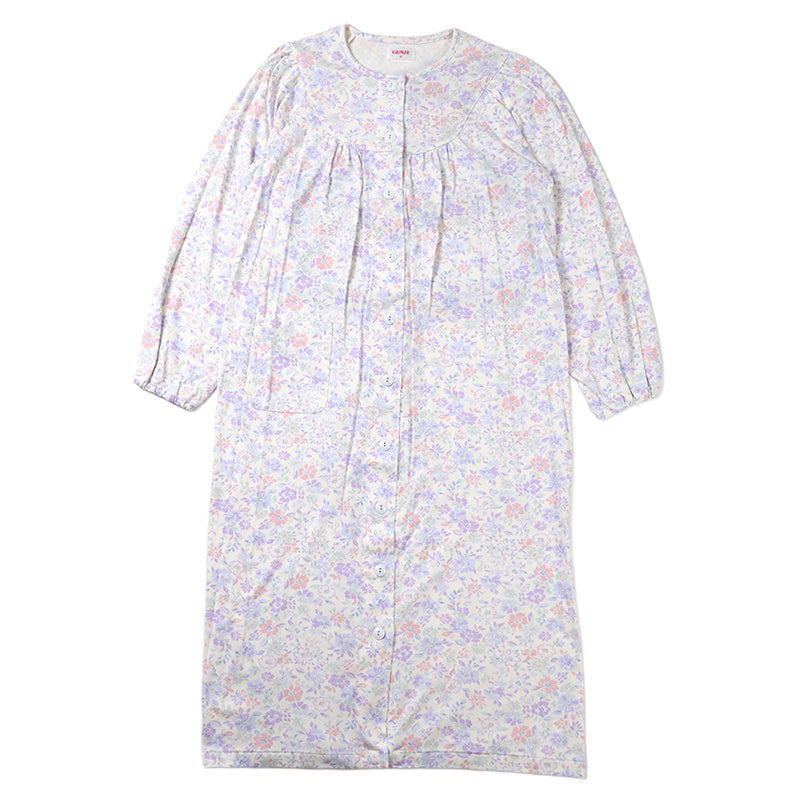 グンゼ ネグリジェ レディース 長袖 綿100％ 前開き スナップボタン S M L LL 介護 ルームウェア パジャマ 婦人 コットン 快適 やわらか 敏感肌 秋 冬 花柄 ホームウェア オールシーズン さらふわ 敬老の日 ギフト 母の日 (送料無料)