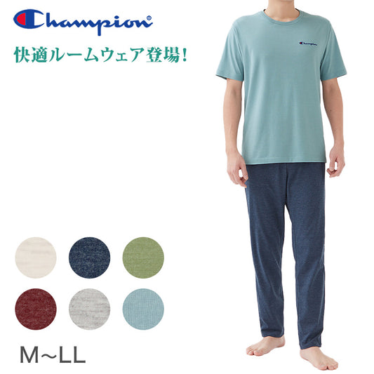 チャンピオン 半袖 長ズボン パジャマ メンズ 上下セット M～LL Champion 夏 部屋着 ホームウェア ルームウェア セットアップ ロゴ入り ロゴ 夏物 上下色違い 父の日 (送料無料) (在庫限り)