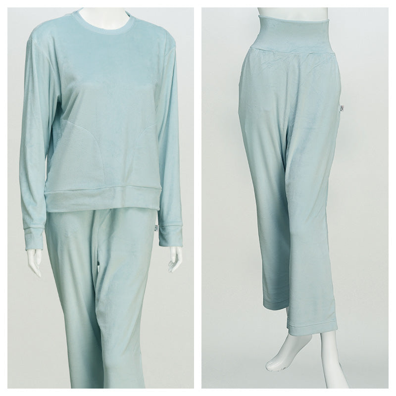 ウチコレ レディース ベロア ルームウェア パジャマ 長袖 冬 ポケット付き 上下セット グンゼ M L 部屋着 暖かい あったか もこもこ おしゃれ 可愛い かわいい 着丈長め 股上深め やわらか ドロップショルダー 防寒 寒さ対策 体型カバー (在庫限り)