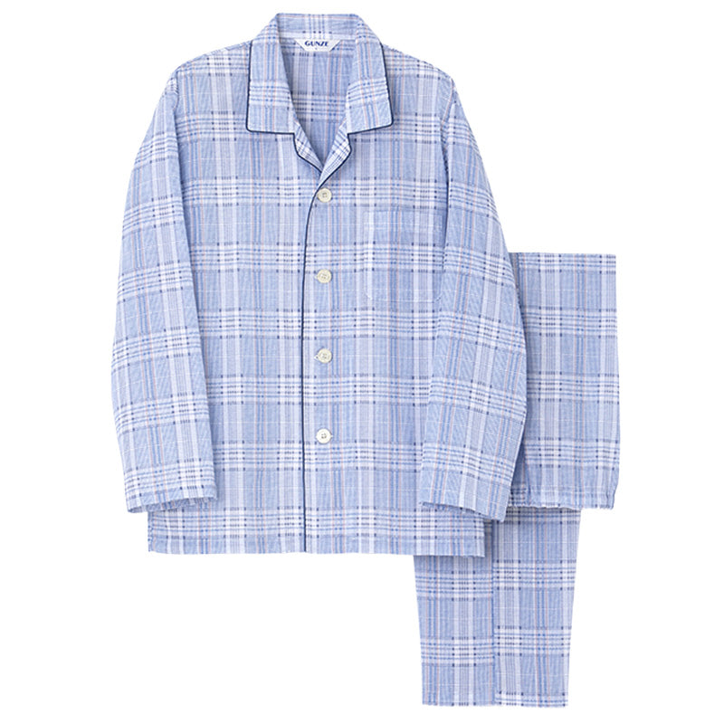 パジャマ メンズ 長袖 長パンツ 綿100 グンゼ S M L LL ソフトクレープ 涼しい 夏用 前開き 入院 介護 大きめボタン 前あき 紳士 寝巻き 上下セット テーラー襟 柔らかい 通気性 涼感素材 快適 ルームウェア 男性用 ギフト プレゼント (送料無料)