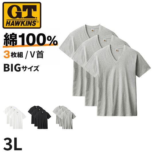 綿100% Vネック Tシャツ 3枚組 メンズ 半袖 インナーシャツ 脇縫いなし 大きいサイズ 3L 天竺 肌着 V首 コットン パックT 3P 無地 シンプル ベーシック 通年 洗い替え まとめ買い 紳士 下着 男性用インナー G.T.HAWKINS GTホーキンス ホーキンス