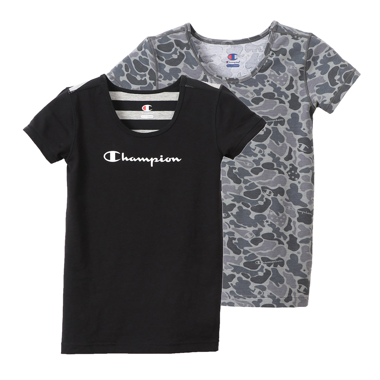 チャンピオン キッズ 半袖シャツ 2枚組 120cm～140cm (Champion ジュニア Tシャツ クルーネック 男の子 男児 130 黒 迷彩 ブラック) (在庫限り)