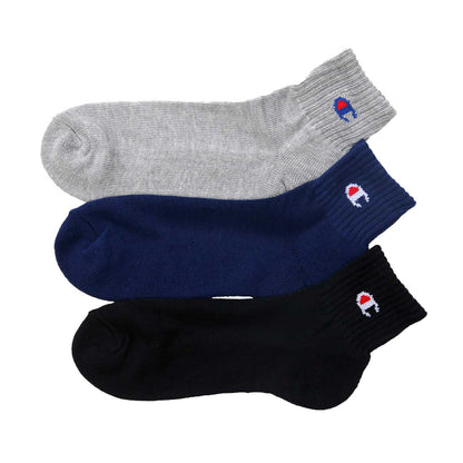 メンズソックス Champion クォーターレングスソックス3P  S：23-25cm～L：27-29cm (チャンピオン 靴下 ショートソックス セット 丈夫 厚手 厚地 綿 ワンポイント スポーツ ガテン)