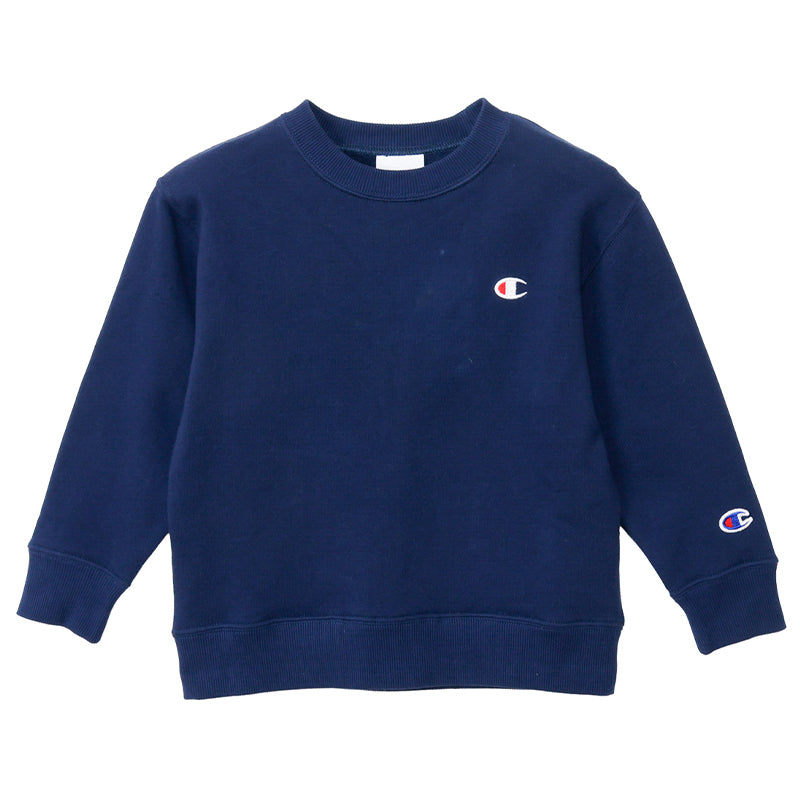 Champion チャンピオン キッズ スウェット トレーナー 綿100% 裏毛 クルーネック 丸首 長袖 フレンチテリー ロゴ刺繍 ワンポイント 子供 子ども ジュニア 男の子 女の子 100cm～160cm ユニセックス トップス 通学 普段着 部屋着 ルームウェア 春 秋