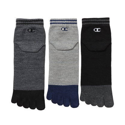 チャンピオン ソックス 3足組 メンズ 5本指ソックス ショート丈 靴下 ノンパイル コットン 黒 グレー 25-27cm (champion 紳士 靴下 25cm 25.5cm 26cm 26.5cm 27cm 綿混 セット)