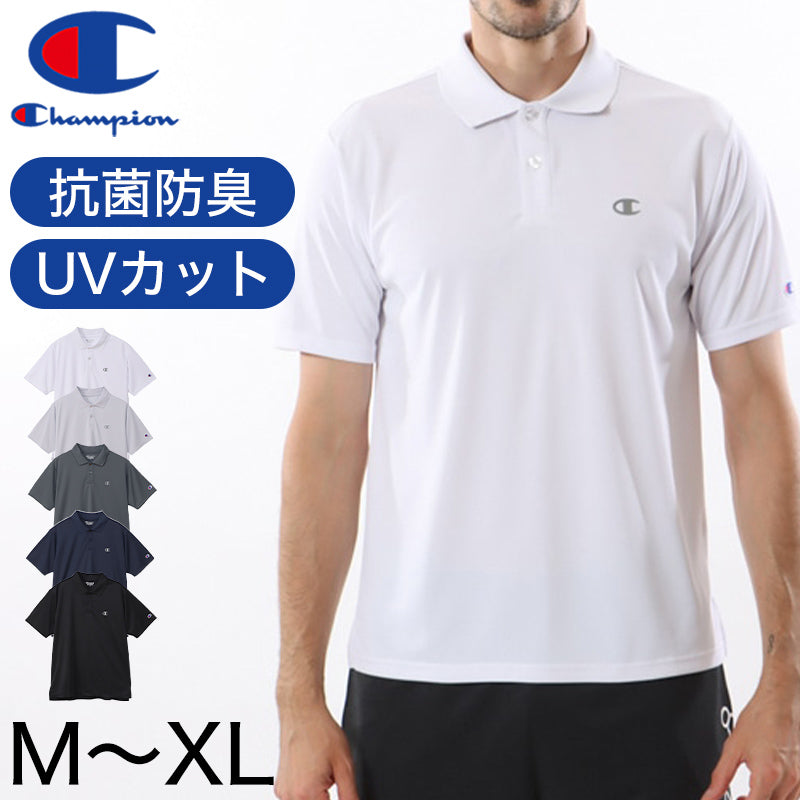 Champion ポロシャツ メンズ 半袖 紳士 ウエア シャツ トップス M L XL 吸汗 速乾 抗菌 防臭 紫外線 反射材 ロゴ シンプル ジム (在庫限り)