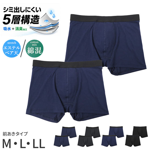 メンズ ボクサーパンツ ちょいもれ用 吸水 消臭加工 前開き M L LL 綿混 ストレッチ インナー 下着 肌着 パンツ 男性 紳士 失禁パンツ 尿漏れ対策 軽失禁 ネイビー ブラック 黒 快適 履き心地 普段使い デイリー 目立ちにくい 安心 伸縮 さらっと