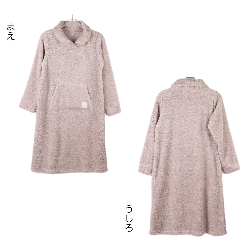 ボア ワンピース レディース あったか パジャマ もこもこ かわいい あったかい ルームウェア レディース 冬 部屋着 M L LL 冬用 マフポケット 長袖 可愛い おしゃれ ふわふわ ナイトウェア パジャマ 冬 冬服 防寒 ヘチマ襟 ルームワンピース 大人 シンプル ボーダー
