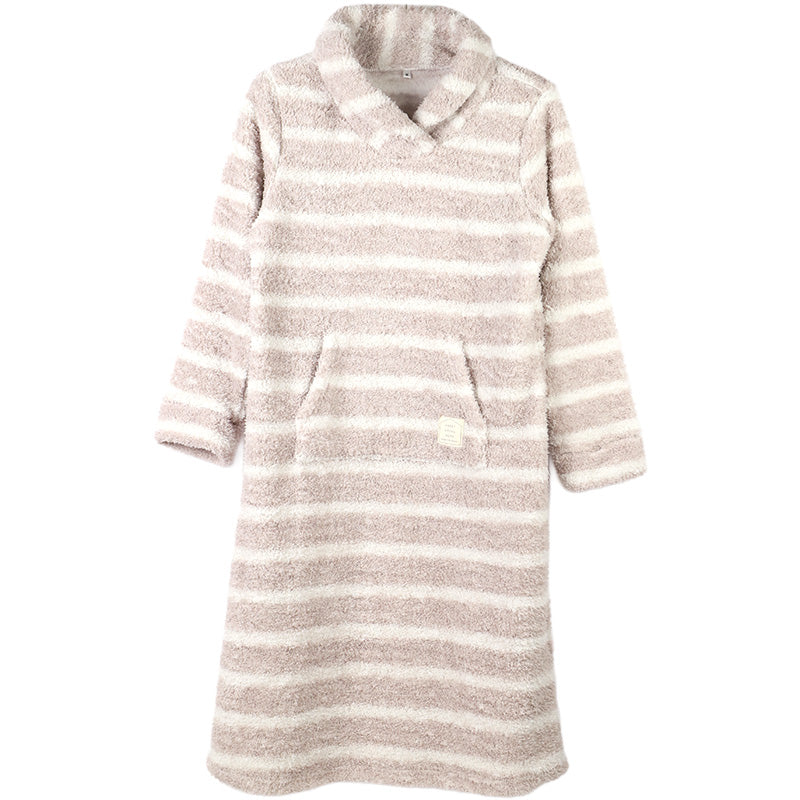 ボア ワンピース レディース あったか パジャマ もこもこ かわいい あったかい ルームウェア レディース 冬 部屋着 M L LL 冬用 マフポケット 長袖 可愛い おしゃれ ふわふわ ナイトウェア パジャマ 冬 冬服 防寒 ヘチマ襟 ルームワンピース 大人 シンプル ボーダー