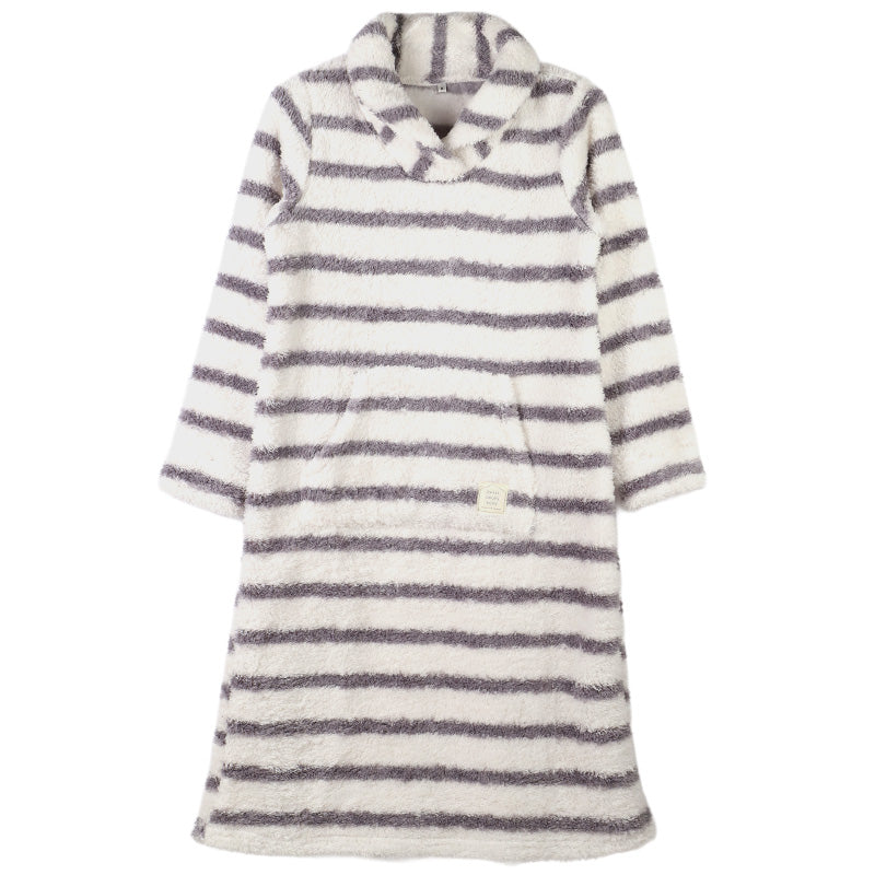 ボア ワンピース レディース あったか パジャマ もこもこ かわいい あったかい ルームウェア レディース 冬 部屋着 M L LL 冬用 マフポケット 長袖 可愛い おしゃれ ふわふわ ナイトウェア パジャマ 冬 冬服 防寒 ヘチマ襟 ルームワンピース 大人 シンプル ボーダー