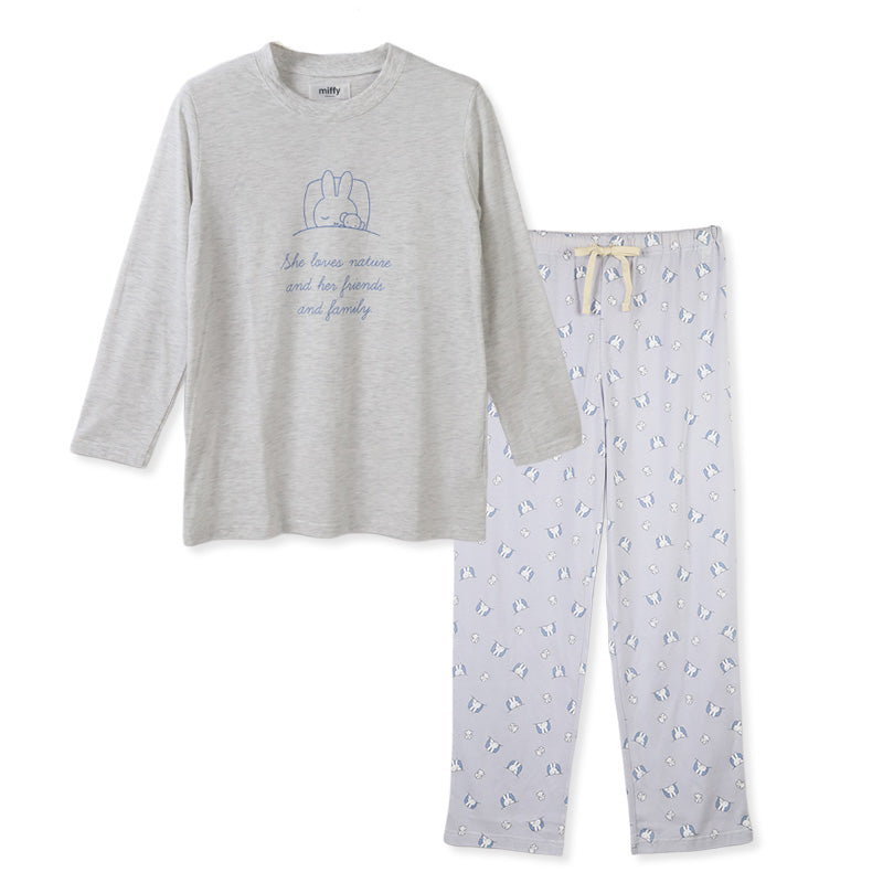 ミッフィー レディース パジャマ セットアップ 上下セット M L LL ロングシャツ 総柄パンツ miffy 部屋着 ルームウェア  長袖 秋冬 かわいい キャラクター グッズ 服 大人女子 リラックス おしゃれ 天竺 トップス ボトムス ゴム 母の日 プレゼント ギフト