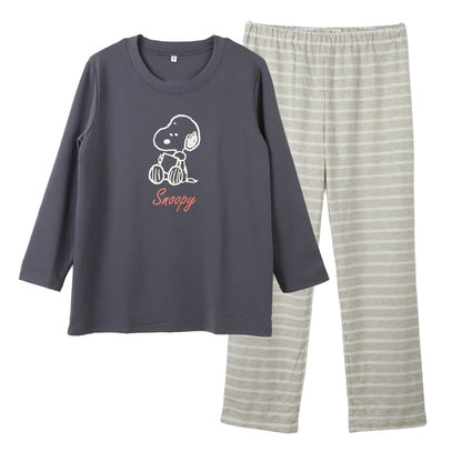 スヌーピー パジャマ レディース 部屋着 ルームウェア 上下セット ミニ裏毛 M L LL snoopy ピーナッツ peanuts セットアップ 冷え対策 秋冬 春 快適 軽量 柔らかい 可愛い ボーダー ロングTシャツ 長袖 伸縮性 母の日 プレゼント ギフト (在庫限り)