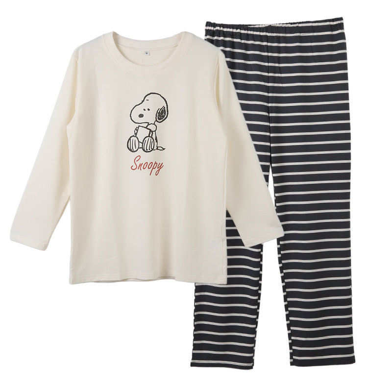 スヌーピー パジャマ レディース 部屋着 ルームウェア 上下セット ミニ裏毛 M L LL snoopy ピーナッツ peanuts セットアップ 冷え対策 秋冬 春 快適 軽量 柔らかい 可愛い ボーダー ロングTシャツ 長袖 伸縮性 母の日 プレゼント ギフト