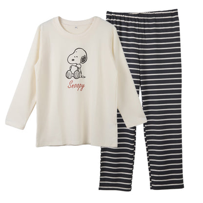スヌーピー パジャマ レディース 部屋着 ルームウェア 上下セット ミニ裏毛 M L LL snoopy ピーナッツ peanuts セットアップ 冷え対策 秋冬 春 快適 軽量 柔らかい 可愛い ボーダー ロングTシャツ 長袖 伸縮性 母の日 プレゼント ギフト