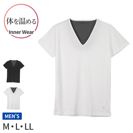 メンズ インナー 半袖 vネック M L LL 肌着 遠赤外線 保温 あったか 発熱 冷え対策 冷え取り 冷え防止 温活 エナジーストーン 黒 白 冷え性 インナーシャツ 発熱素材 保温インナー 快適 暖かい