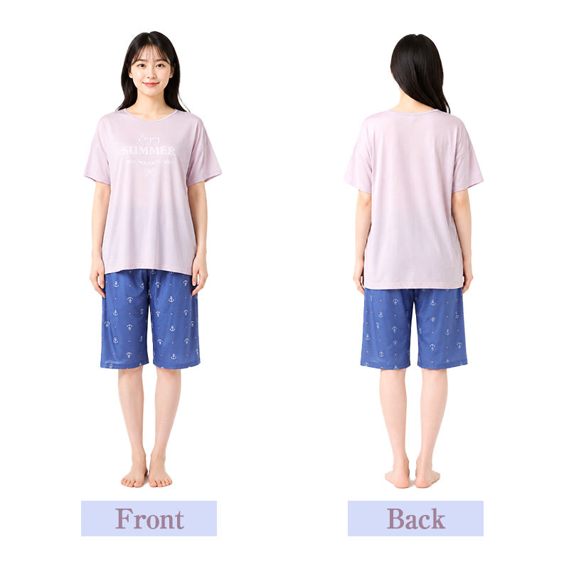 レディース ルームウェア 冷感 PCM 上下セット 半袖Tシャツ 半パンツ M L LL パジャマ 部屋着 夏 涼しい 接触冷感風 軽い 通気性 ストレッチ 動きやすい ひんやり 快適 セットアップ マリン柄 ヨット柄 夏用パジャマ おうち時間 ナイトウェア