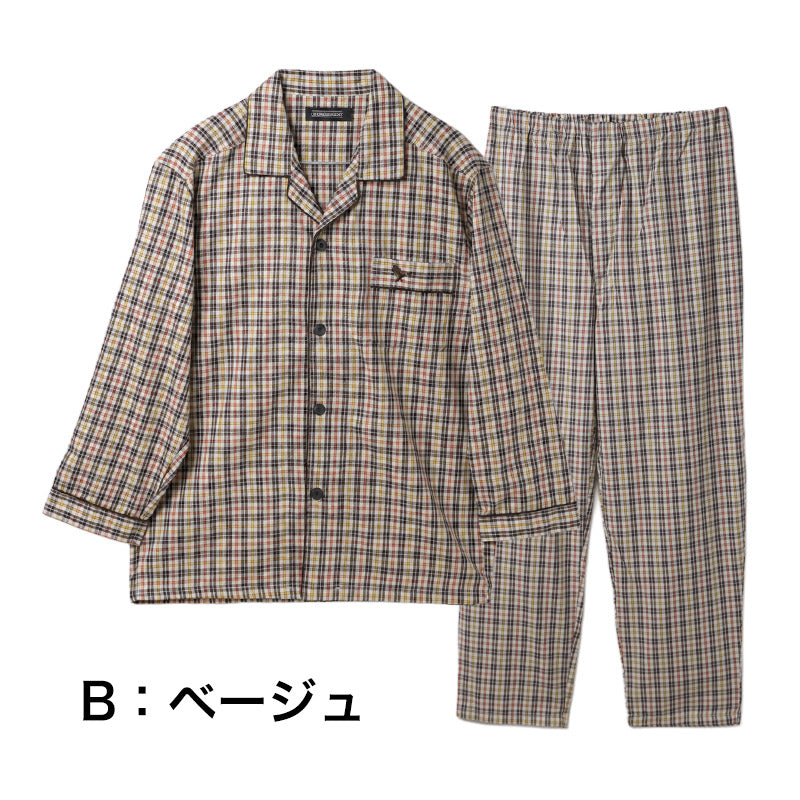 メンズ パジャマ 綿100% 長袖 長ズボン 上下セット 前開き 紳士 男性用 M L LL ルームウェア コットン 綿素材 フランス綾 格子柄 チェック柄 シャツパジャマ 大きめボタン ゆったり設計 ウエスト調節可能 パンツ前開き 深い股上