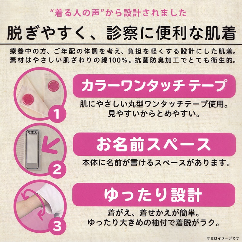 グンゼ 綿100％ 3分袖ワンタッチインナー 前開き 2枚組 M～LL (介護 シャツ レディース 下着 肌着 半袖 女性 綿 マジックテープ 入院 前あき) (在庫限り)