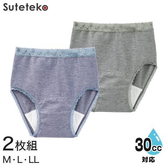 Suteteko 婦人 30cc対応 備長炭 安心快適ショーツ 2枚組 M～LL (中失禁 軽失禁 尿漏れ レディース パンティー 失禁パンツ 失禁ショーツ 吸水) (在庫限り)