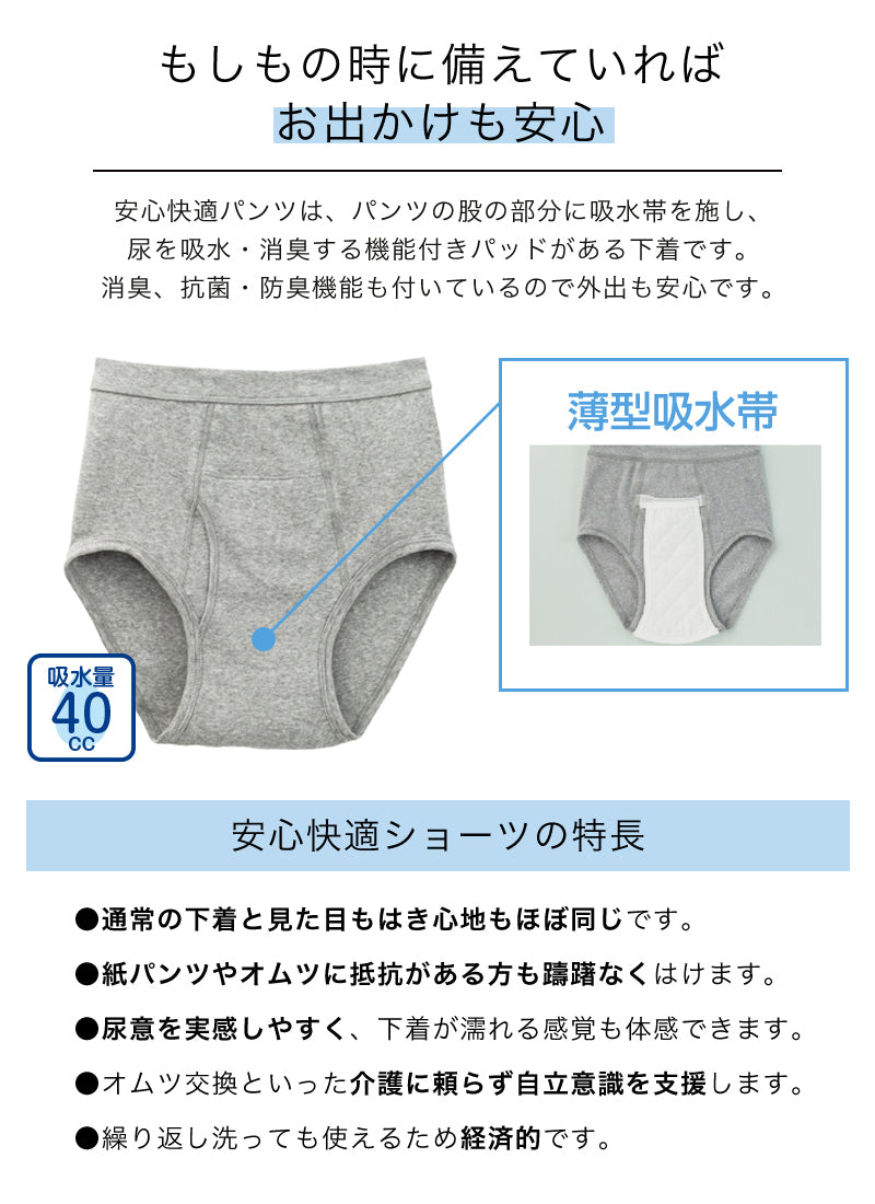 Suteteko 紳士 40cc対応 安心快適ブリーフ 前あき 2枚組 M～LL (中失禁 尿漏れ メンズ 失禁パンツ 吸水シート付き) (取寄せ)