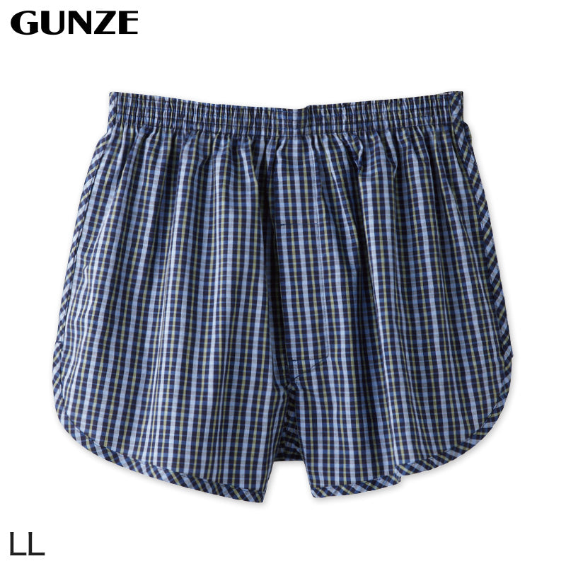 グンゼ 快適工房 紳士 前開き トランクス LL (メンズ GUNZE 綿100％ コットン 男性 下着 肌着 インナー 日本製 チェック 柄 青 大きいサイズ)