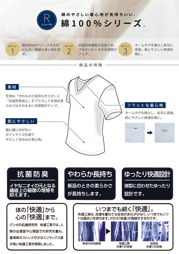 グンゼ 快適工房 紳士長袖丸首シャツ 4L (メンズ GUNZE 綿100％ コットン100 男性 下着 肌着 インナー クルーネック やわらか 日本製 大きいサイズ)