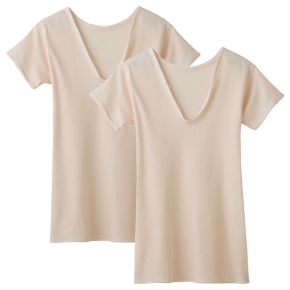 グンゼ 快適工房 婦人 半袖Vネックシャツ 2枚セット S～L (レディース 3分袖 スリーマー GUNZE 綿100％ V首 女性 下着 肌着 インナー 白 ベージュ やわらか 日本製 S M L) (在庫限り)