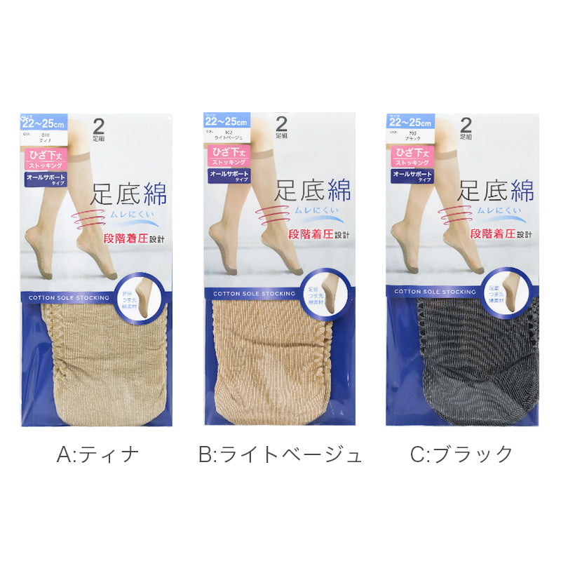 着圧ソックス 2足組 レディース ひざ下 ストッキング 綿底 ショート丈 段階着圧 22-25cm 吸汗 通気性 蒸れにくい パンスト 靴下 インナーソックス ベージュ ブラック 婦人用 蒸れにくい 通勤 通学 オフィス デイリー