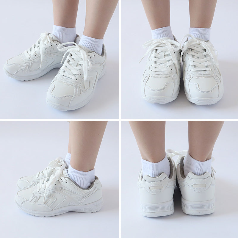 通学履き 外履き グランドシューズ スクールシューズ スニーカー 合皮 子供靴 通学 紐靴 22cm～29cm ラッキーベル 白スニーカー 学校 小学校 中学校 高校 靴 白 白靴 シンプル (送料無料)