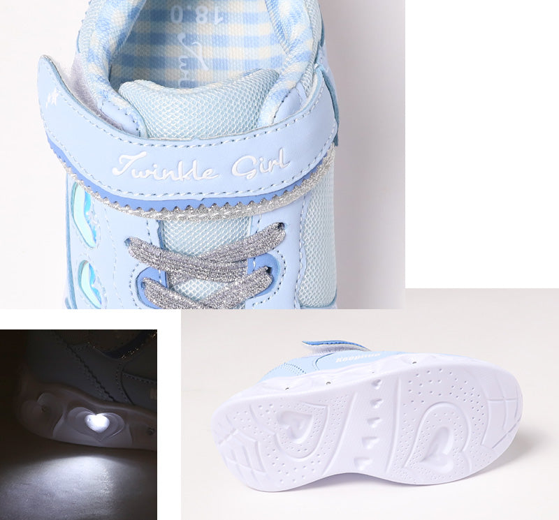 スニーカー キッズ 女の子 靴 子供 女児 子ども 光る 光るスニーカー むらさき ベージュ 16cm 17cm 18cm 19cm 通学 子供用 ジュニア 小学生 かわいい 光る靴 通学靴 登校 (送料無料) (取寄せ)