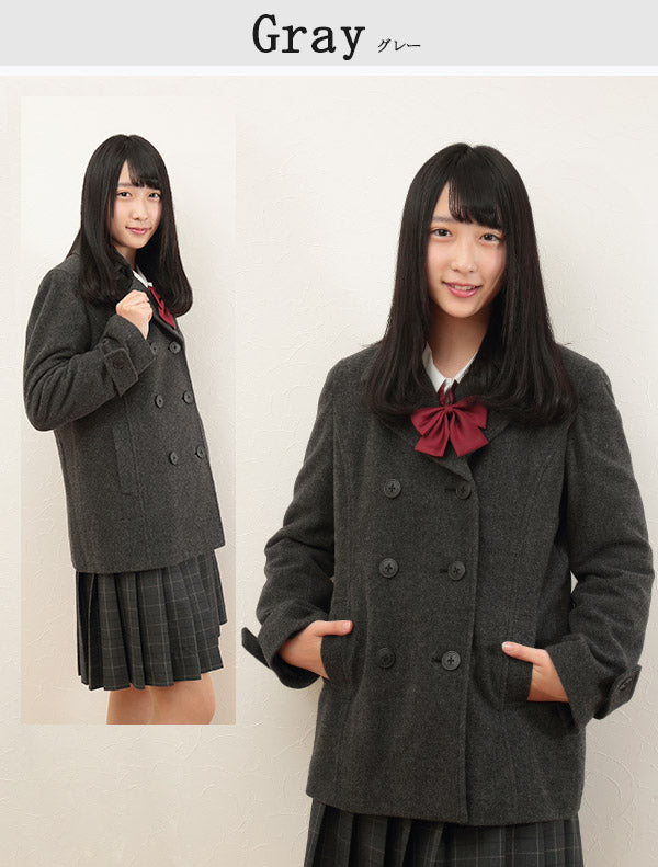 スクールコート 女子 ピーコート ショート丈 高校生 中学生 S～L MICHELKLEIN チャコール グレー ウール 暖かい 女の子 学生 レディース 冬 防寒 通学 学生コート 可愛い おしゃれ (送料無料) (在庫限り)
