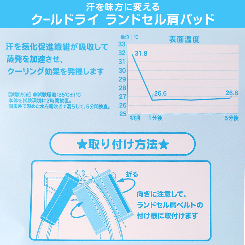 ランドセル 肩パッド クールドライ 痛くない 横幅約5cm 肩痛対策 通気性 汗 クッション 日本製 シンプル 男の子 女の子 小学生 夏場 蒸れ対策 洗える フィット感 軽量 長時間着用 姿勢矯正