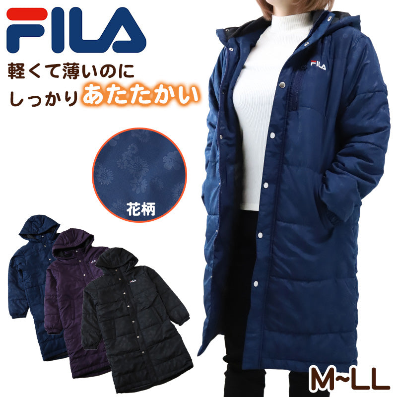 ベンチコート レディース おしゃれ FILA M～LL (中綿コート スポーツウエア フィラ 花柄 エンボス 暖かい 女性 冬 フード付き ハーフ 防寒着 コート) (送料無料) (在庫限り)