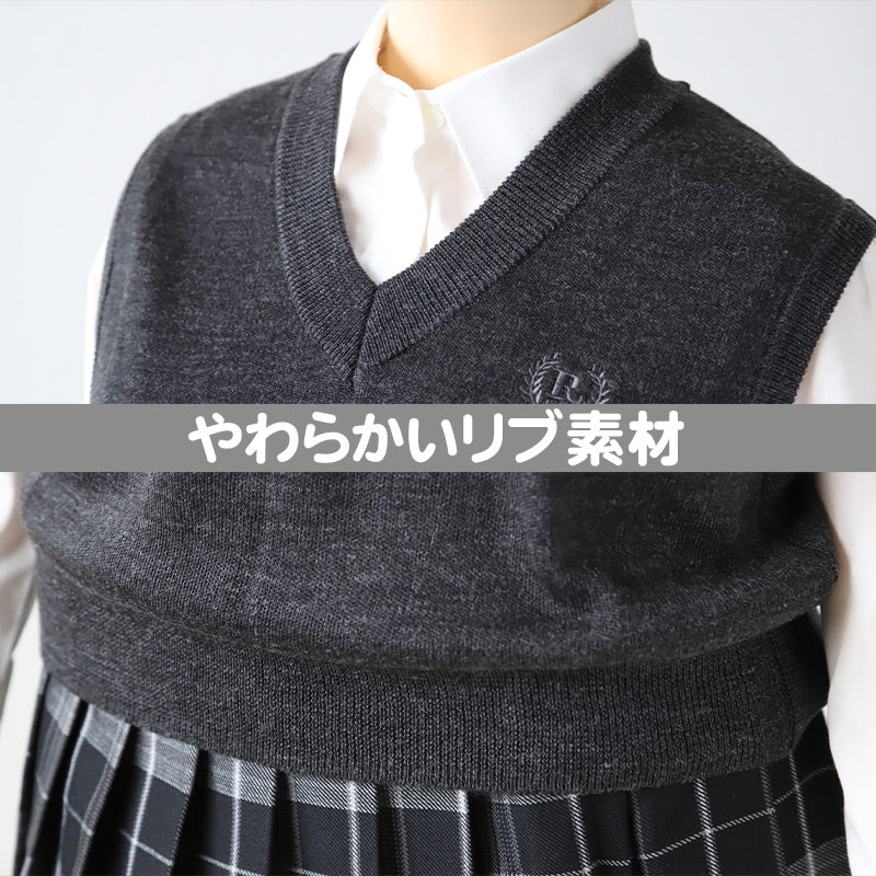 スクールベスト 女子 薄手 春 秋 冬 学生 ニット 制服 ベスト vネック 中学生 140 150 160 紺 黒 グレー 毛混 ワンポイント 刺繍 かわいい 通学 学校 ノースリーブ セーター