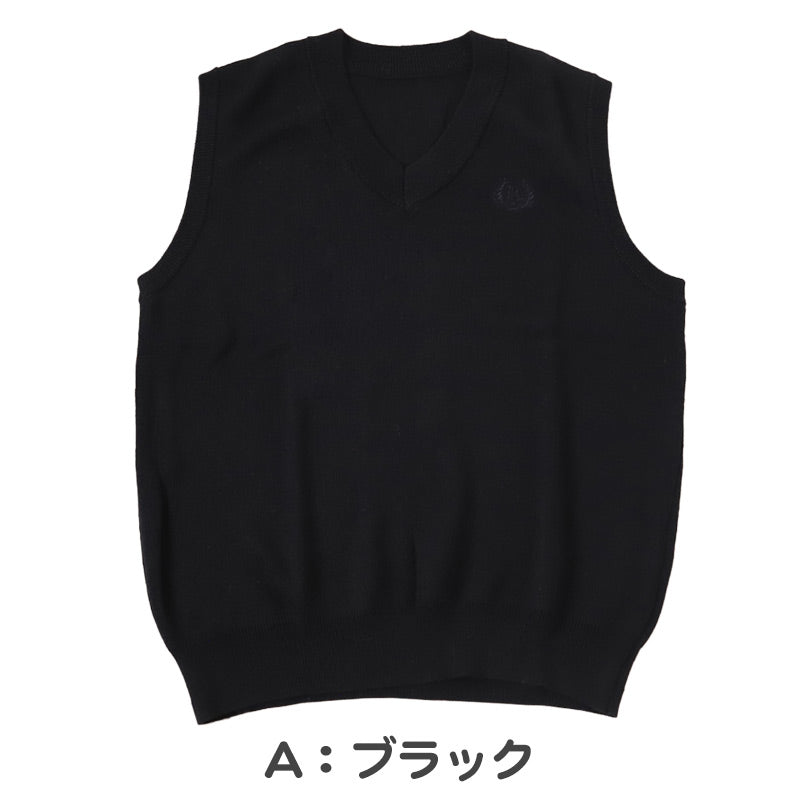 スクールベスト 女子 薄手 春 秋 冬 学生 ニット 制服 ベスト vネック 中学生 140 150 160 紺 黒 グレー 毛混 ワンポイント 刺繍 かわいい 通学 学校 ノースリーブ セーター