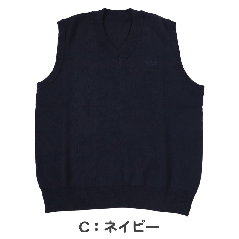 スクールベスト 女子 薄手 春 秋 冬 学生 ニット 制服 ベスト vネック 中学生 140 150 160 紺 黒 グレー 毛混 ワンポイント 刺繍 かわいい 通学 学校 ノースリーブ セーター