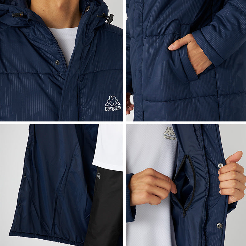 ベンチコート メンズ ロング 防寒 防風 アウトドア Kappa カッパ M L LL ロングコート フード付き 観戦 スポーツ観戦 中綿 防寒着 軽い 軽量  暖かい ゆったり シンプル おしゃれ コーデ アウター ジャケット (送料無料)