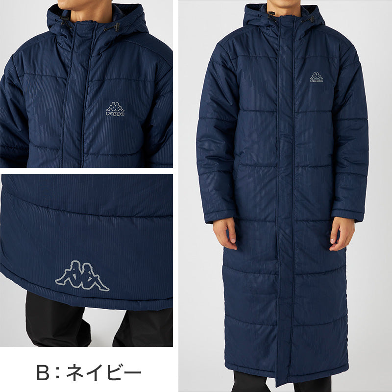 ベンチコート メンズ ロング 防寒 防風 アウトドア Kappa カッパ M L LL ロングコート フード付き 観戦 スポーツ観戦 中綿 防寒着 軽い 軽量  暖かい ゆったり シンプル おしゃれ コーデ アウター ジャケット (送料無料)