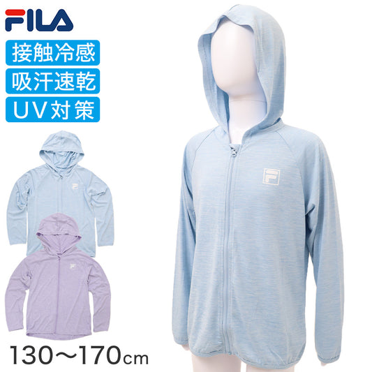 FILA フィラ UVカット パーカー ラッシュガード UVウェア キッズ 女の子 男の子 子供 ジュニア 軽量 長袖 フード付き 羽織り 薄手 紫外線対策 日焼け対策 冷感 吸汗速乾 さらっと シワになりにくい ポリエステル 通学 130cm～170cm