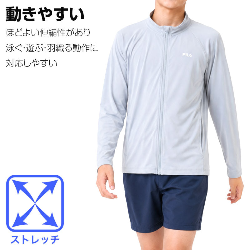 FILA 接触冷感 UVジャケット キッズ ラッシュガード 長袖 ジップアップ 150-170cm スタンドジップ 吸汗速乾 UVカット 紫外線対策 日焼け対策 耐塩素 プール 海 水泳 水遊び 学校水泳 子供 ジュニア 小学生 中学生 男の子 女の子 夏 羽織り