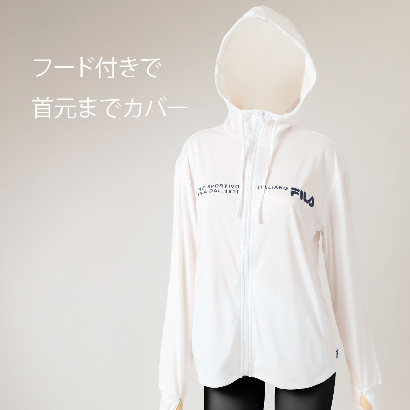 FILA UVパーカー レディース ポリエステル 水陸両用 紫外線対策 UVカット パーカー ラッシュガード 長袖 スムース サムホール 指穴付き 手の甲カバー 日焼け対策 羽織り M L LL 海 プール 水着の上 アウトドア 公園 旅行 夏 レジャー ウォーキング